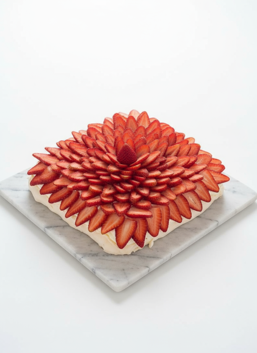 Pavlova de fresas con fondo blanco